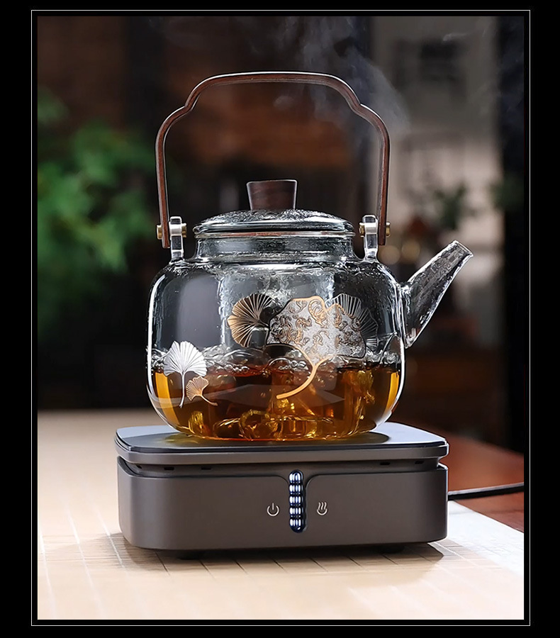围炉煮茶壶提梁壶高硼硅玻璃茶壶胡桃木把煮茶壶双胆蒸煮一体茶壶详情8