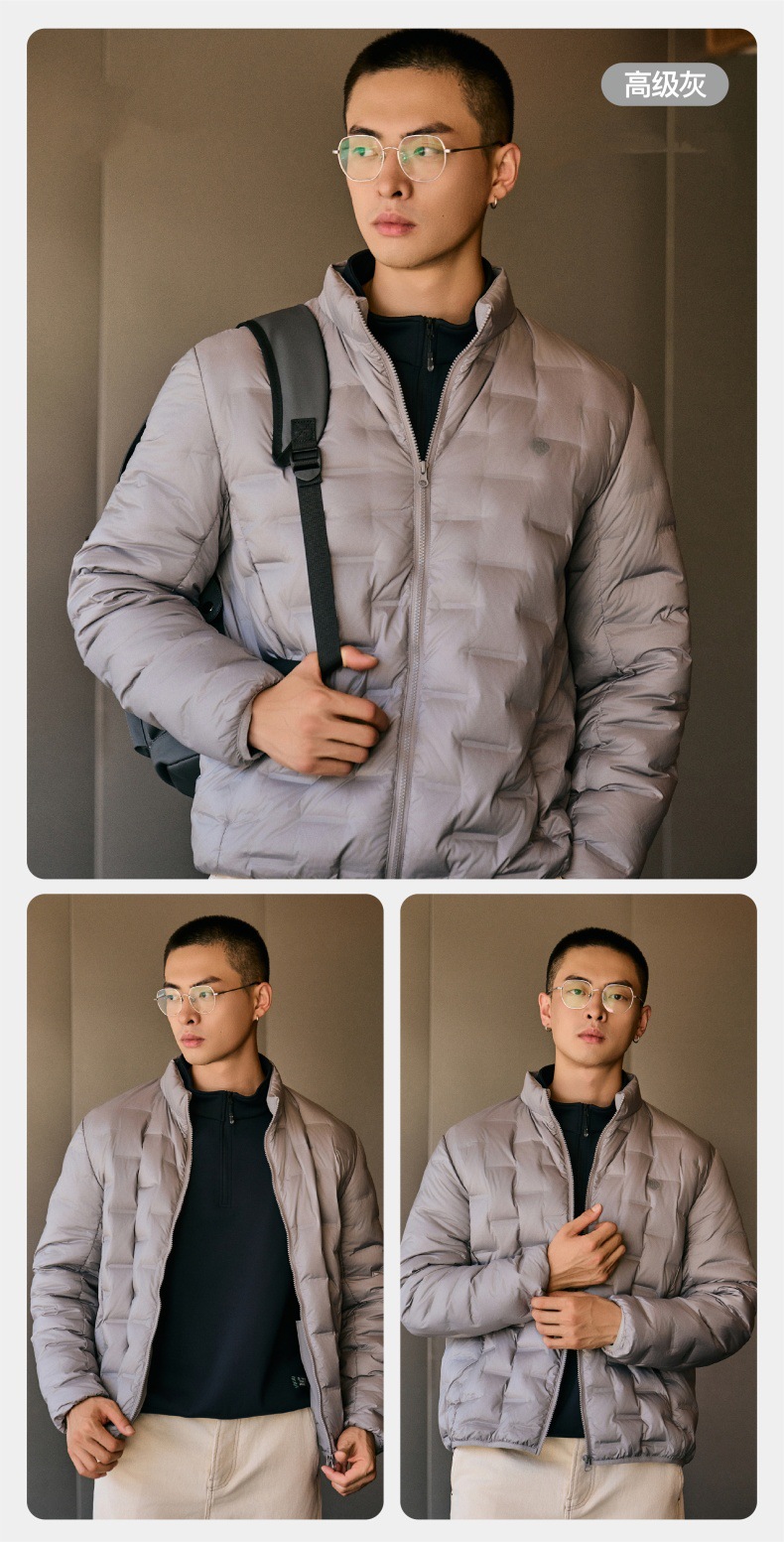 It can be worn as an outer layer or as an inner layer. It is a light down jacket with a stand-up collar for warmth. It is a large-sized, form-fitting white duck down jacket for men pic 16