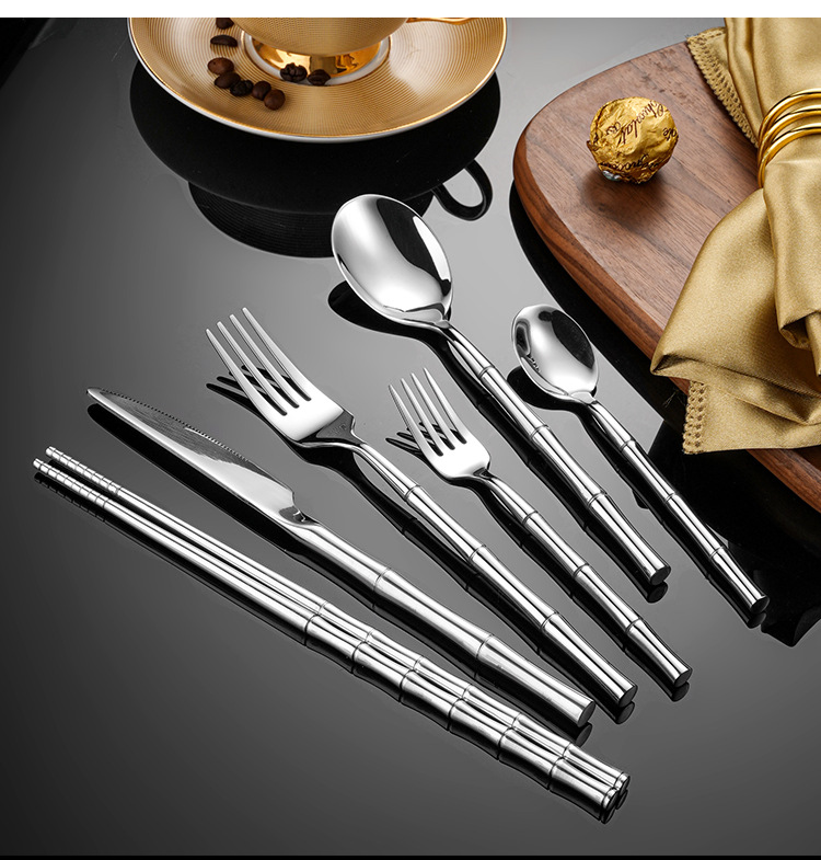 304不锈钢创意高档礼品酒店精品竹节西餐具牛排刀餐叉甜品勺筷子详情13