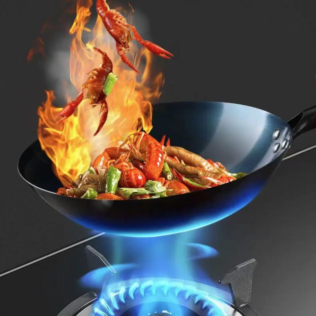 烤蓝老式铁锅无涂层圆底锅具煤气灶开锅熟铁锅榉木不粘锅炒菜铁锅详情4