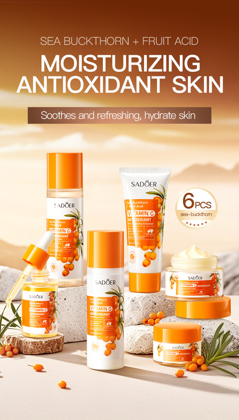 Cross-border export wholesale of all-English sea buckthorn vitamin C Antioxidant six-piece SADOER moisturizing set pic 2