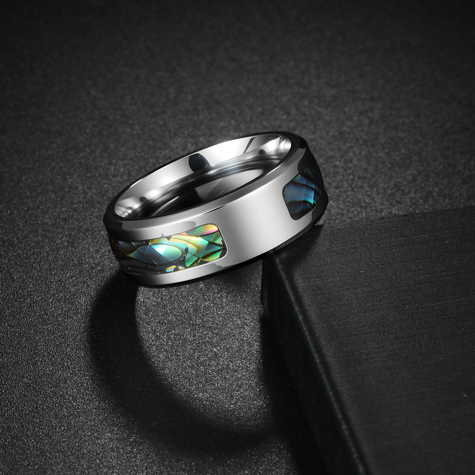 Amazon europa y américa venta caliente adornos incrustados abalone shell half circle para los hombres anillo de acero inoxidable logotipo se puede imprimir pic 4