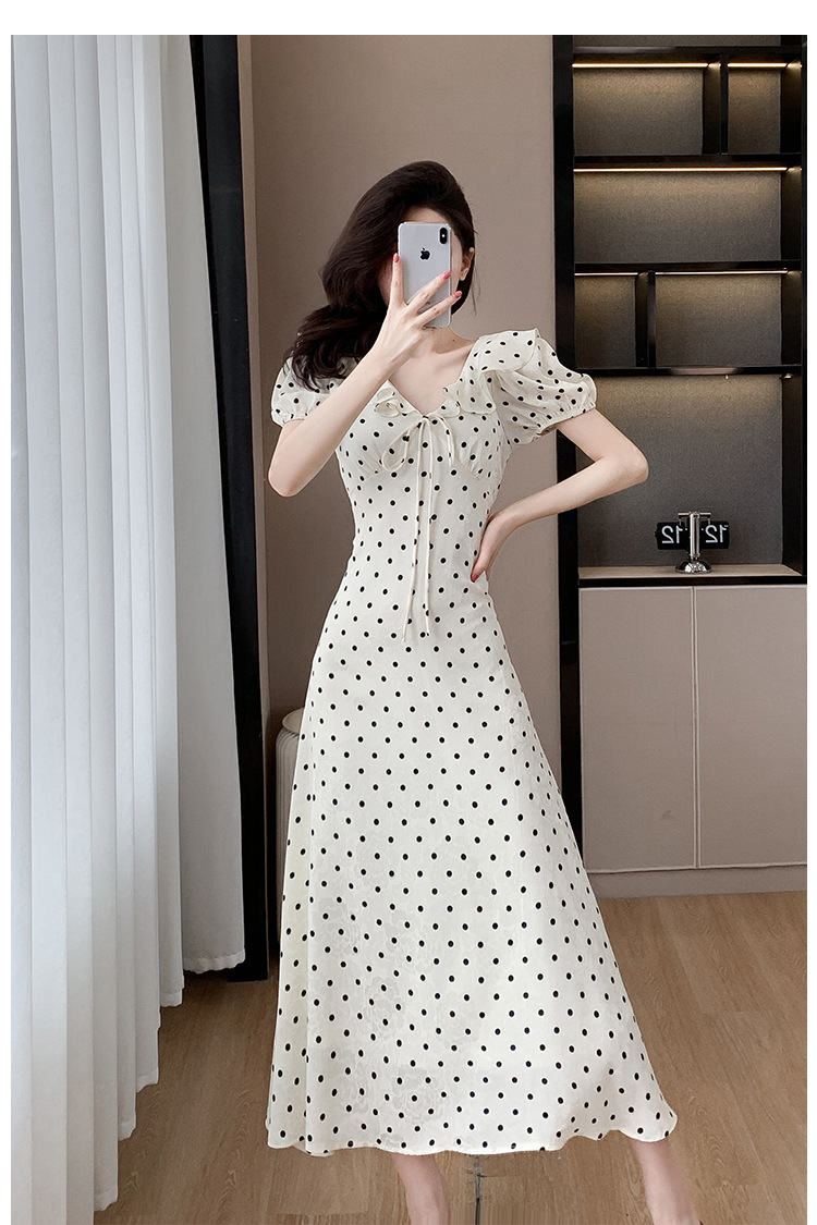 High-quality summer Korean-style sweet and slimming dress with lotus leaf collar, waist-cinching tie, puffed sleeves and jacquard polka dot pic 15
