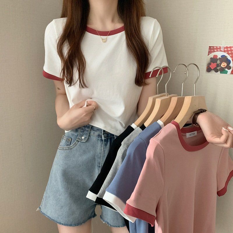 撞色圆领短袖t恤女2024年新款夏季打底衫韩版修身短款学生上衣潮详情4