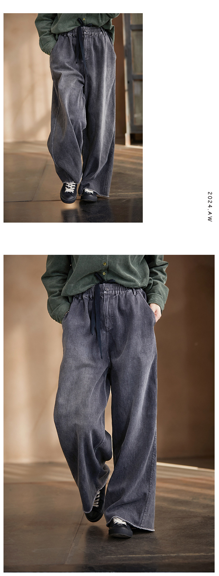 High-end, niche, artistic and retro, all-season wearable smoke grey retro tight-waisted wide-leg stray jeans for women pic 9