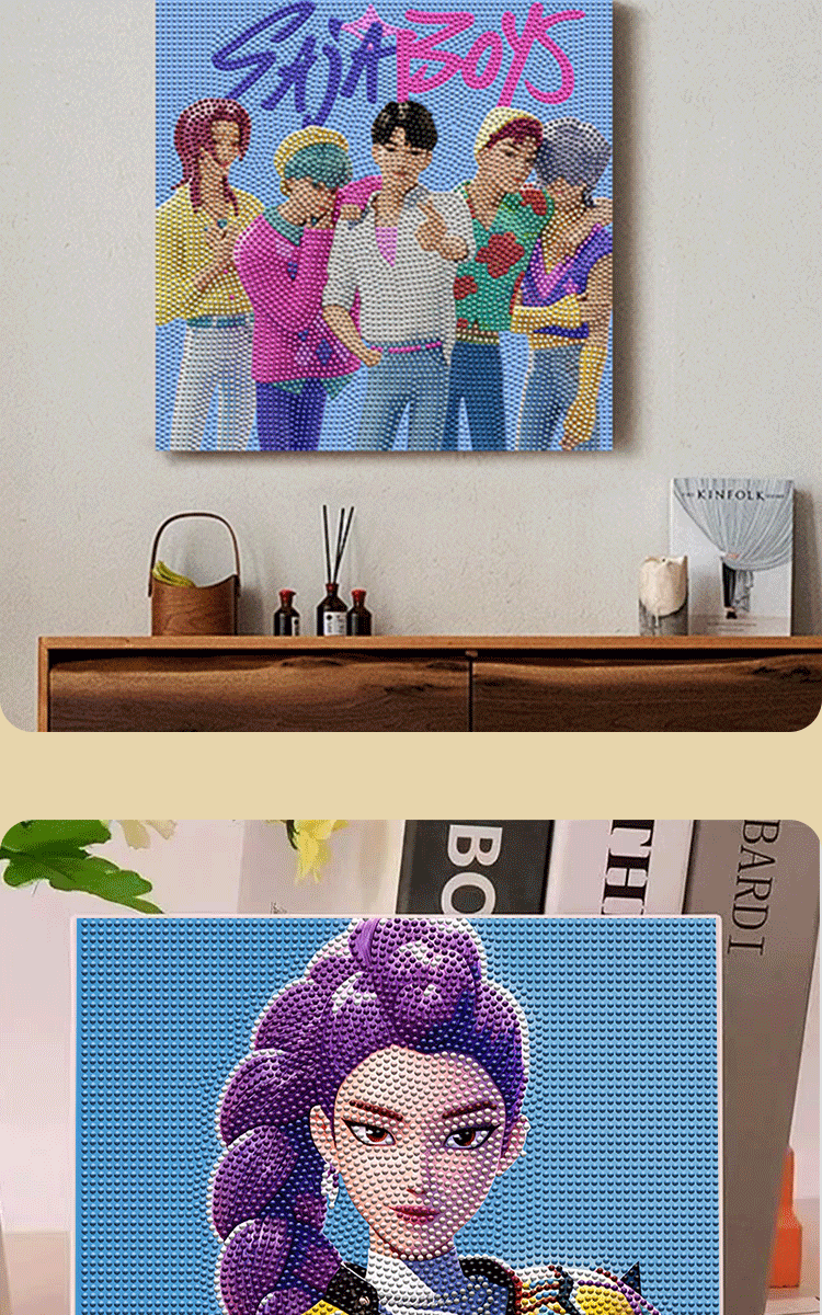 跨境Kpop猎魔女团钻石画绷框DIY手工儿童卡通美少女装饰挂画砖石粘贴详情9