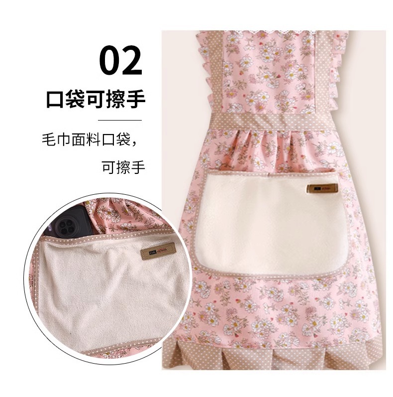 Princess apron for women, hand-drying, back buckle, household oil-resistant, sleeved fabric, special waist pocket for catering pic 4