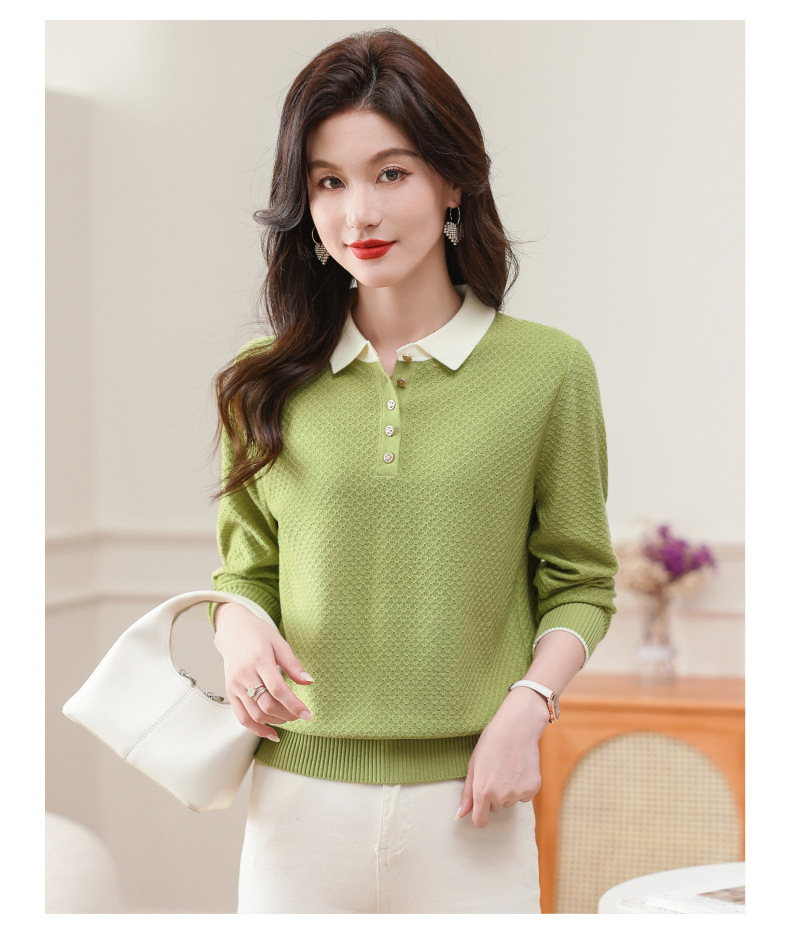 2024新款翻领含羊毛女士针织衫套头衫春秋韩版时尚气质上衣打底衫详情17