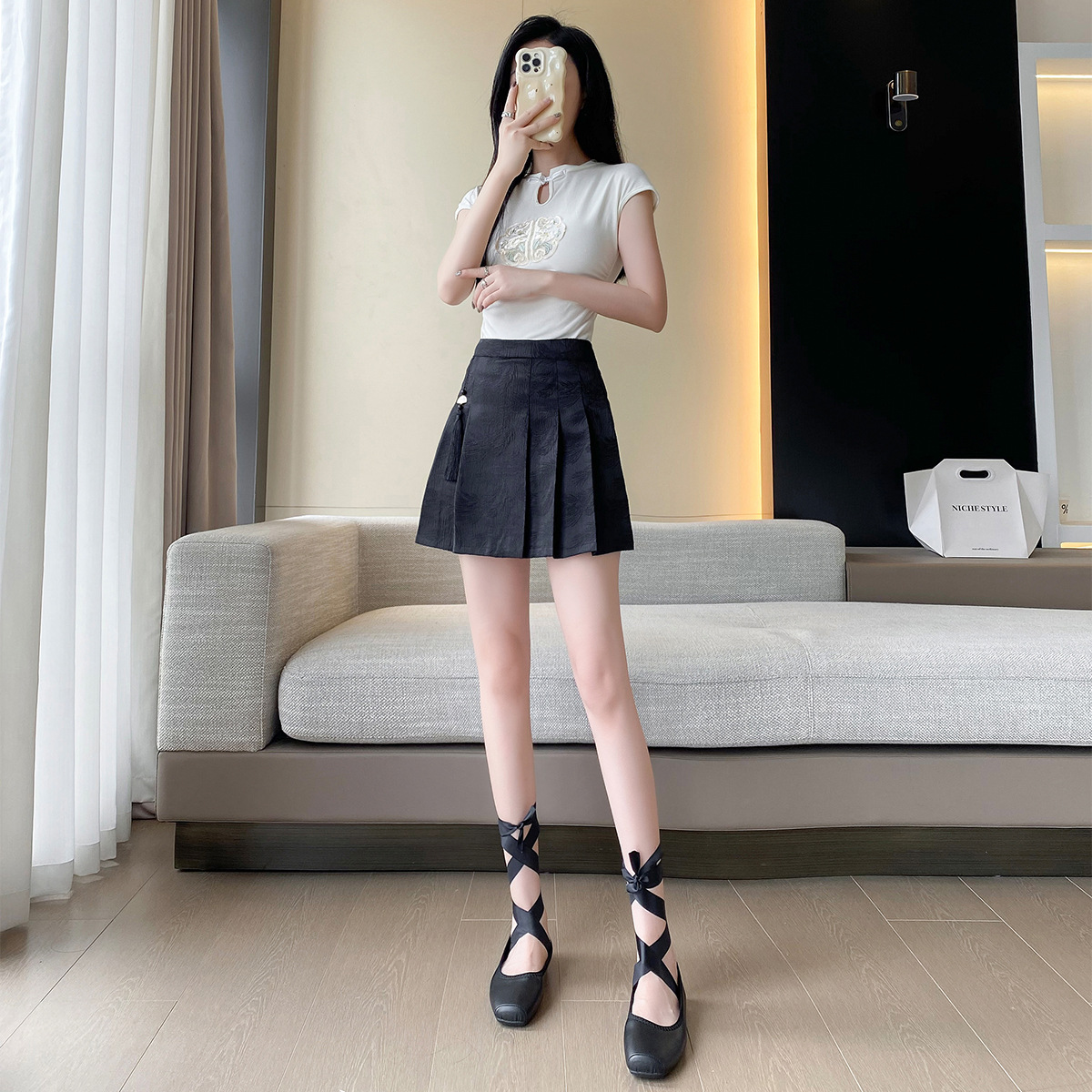 Chinese-style jacquard pleated skirt, short skirt, high-waisted, slimming and youthful A-line skirt, summer short and versatile horse face skirt pic 3