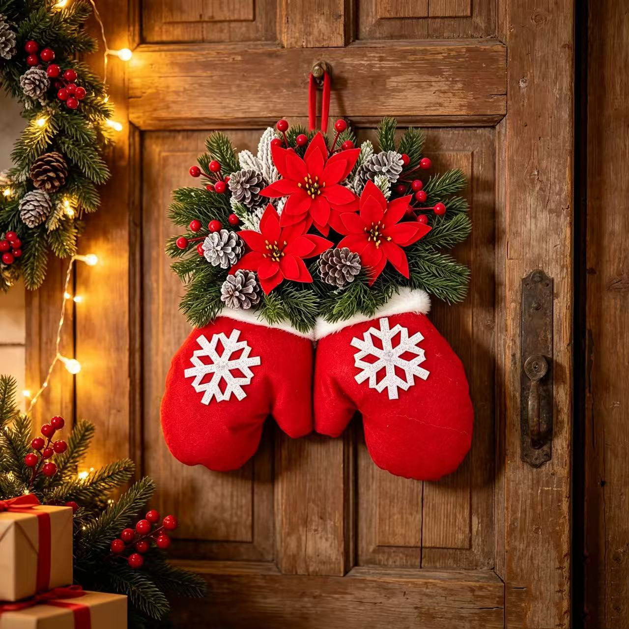 Christmas glove pendants, Christmas tree decorations, pine branches, snowballs, pinecones, and colorful lights embellish the background of gift boxes, creating a festive atmosphere pic 9