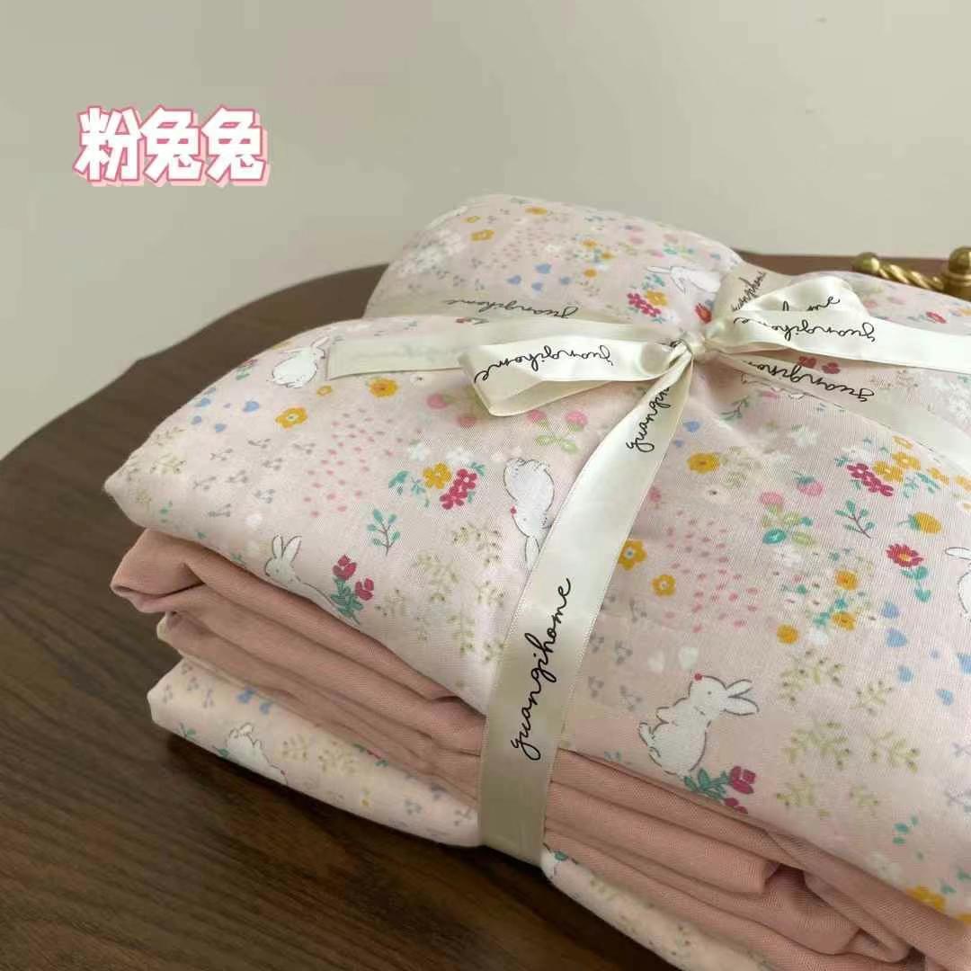 A set of three or four pieces with fresh small floral print double-layer yarn, pure cotton soft naked sleeping quilt cover and cartoon bedding pic 29