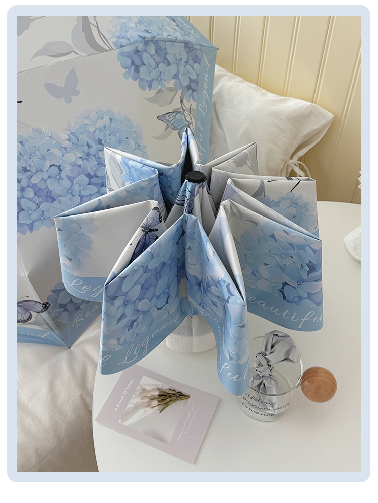 蓝色绣球花图案长柄伞色丁24骨雨伞定制一次性雨伞详情2