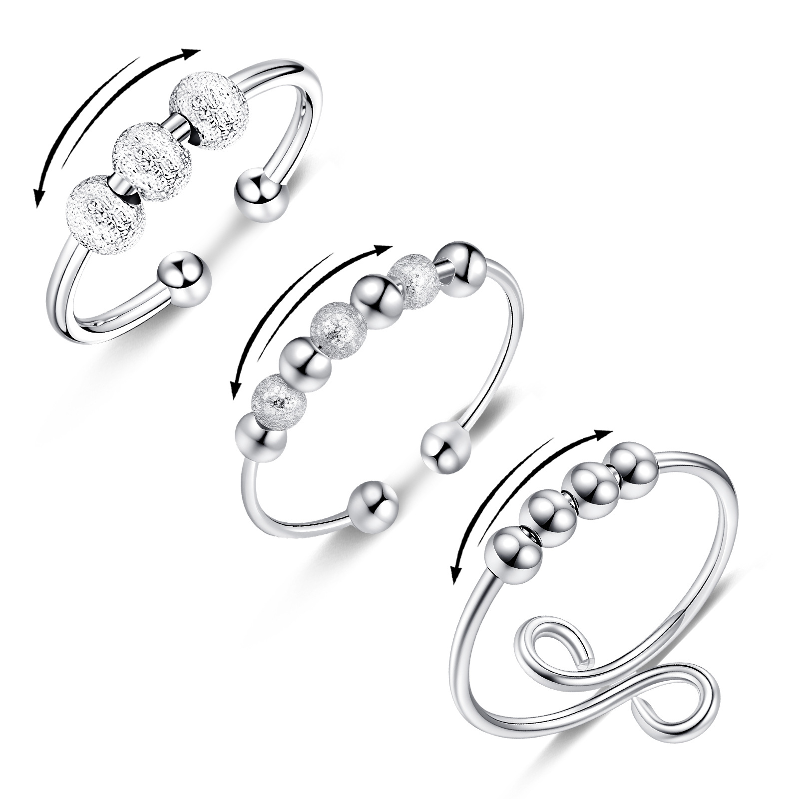 跨境新款旋转指环万向轮戒指女士男士焦虑指环可调节薄珠戒指饰品详情2