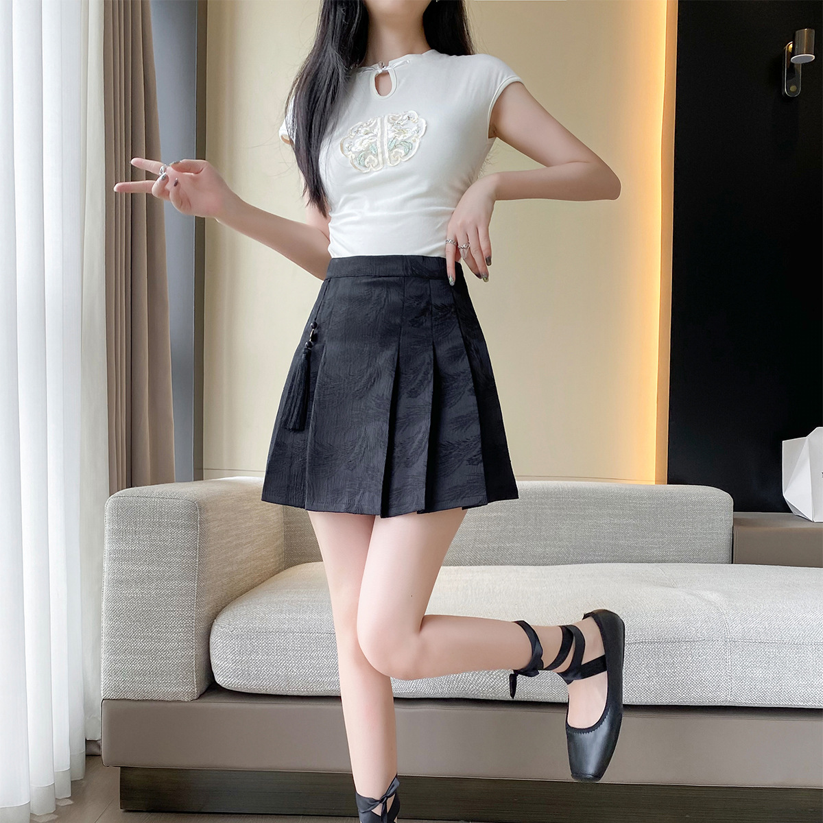 Chinese-style jacquard pleated skirt, short skirt, high-waisted, slimming and youthful A-line skirt, summer short and versatile horse face skirt pic 5
