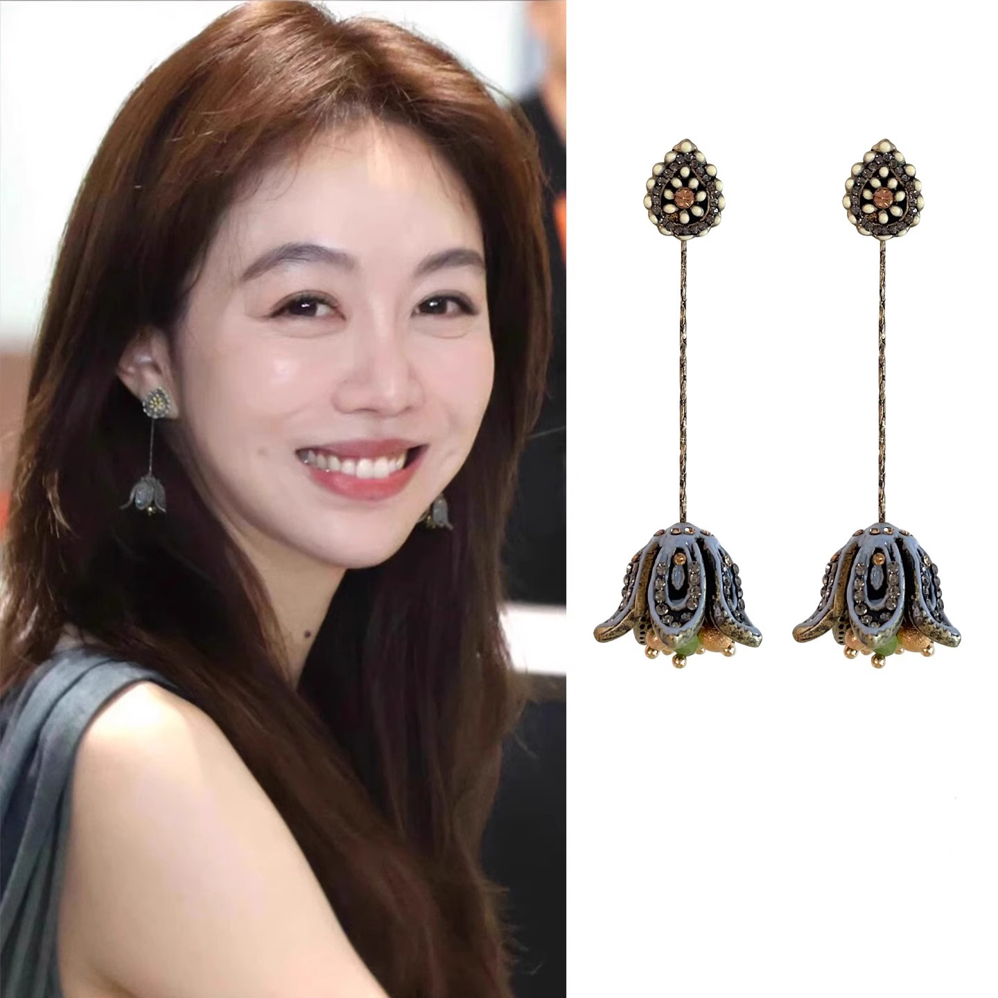 姜妍同款花朵耳环长款波西米亚民族风流苏耳饰女复古高级耳钉耳夹详情1