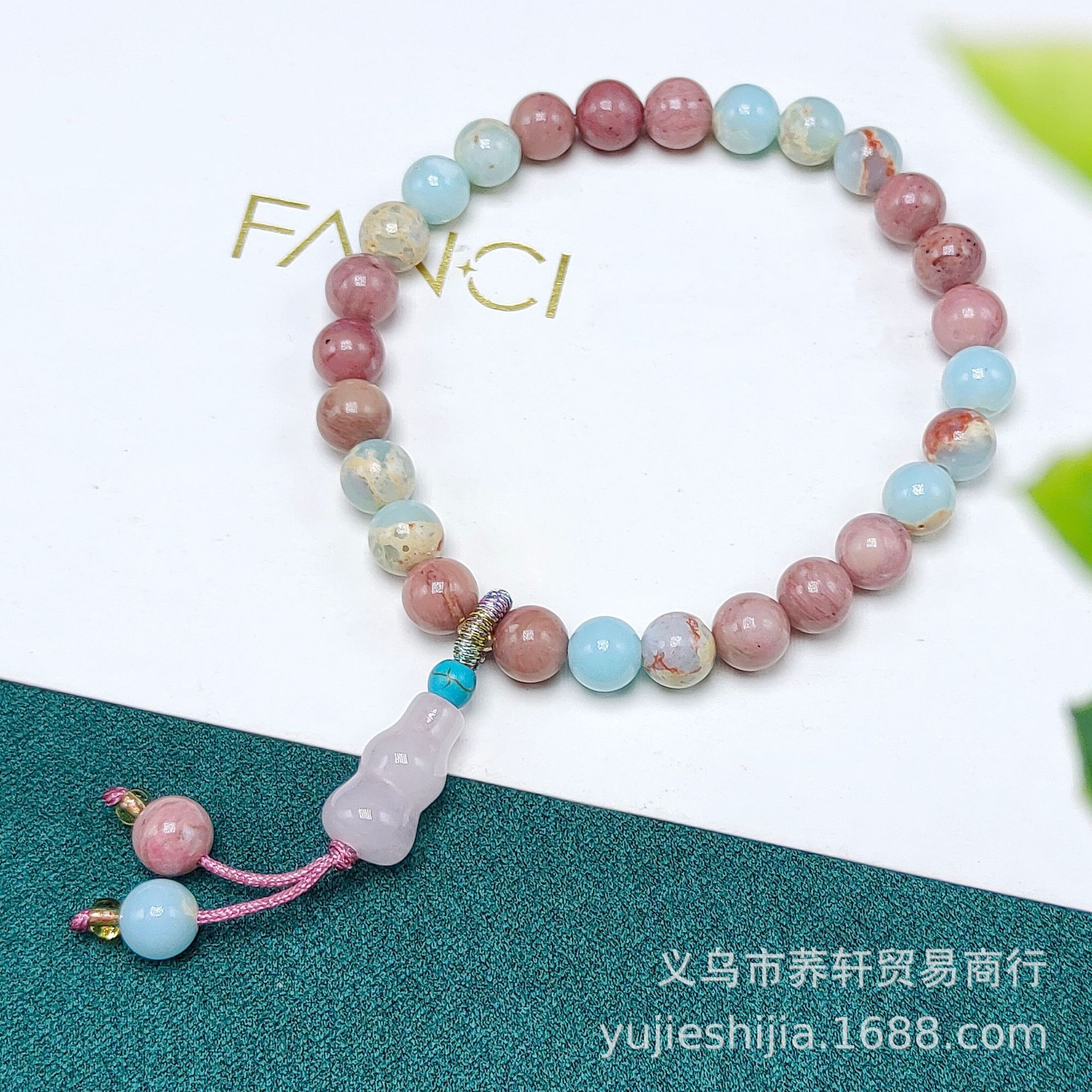 Double-ring natural stone bracelet, red wood grain stone with rose crystal lotus pod and pink rose. Red pattern stone bracelet for girls, with a sense of sophistication pic 7