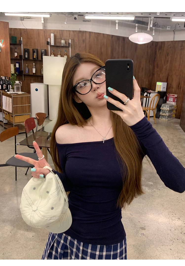 纯欲辣妹修身显瘦露肩长袖T恤女装早秋设计感百搭打底衫学生上衣详情10