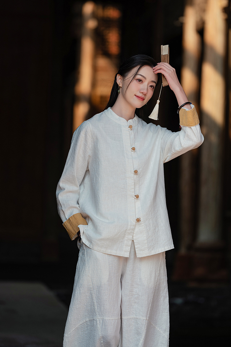 国潮中式棉麻女装拼色盘扣衬衫复古亚麻上衣茶服女禅意中山装国风开衫详情3