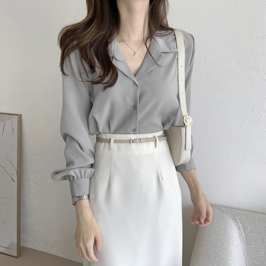 Korean chic2025 Spring/Summer simple solid color elegant suit collar chiffon shirt, French gentle long-sleeved shirt for women pic 2