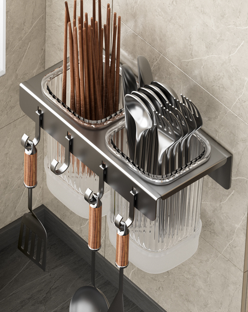 Non-drilling household wall-mounted light luxury chopstick holder, kitchen detachable 筷笼 storage rack, spatula, spoon storage hook pic 24