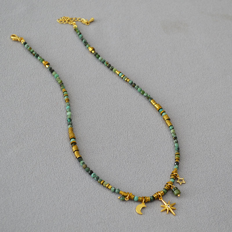 秋冬新款欧美小众设计复古文艺绿松石串珠星星月亮挂坠短款项链女详情11