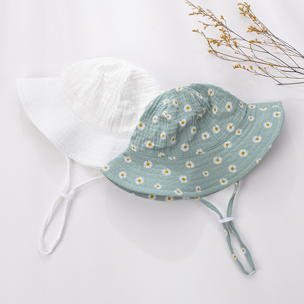 新款婴幼儿纯棉渔夫帽 纯色双层透气纱布遮阳帽可调节绳结渔天帽详情4