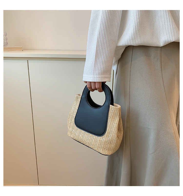 2023夏季复古撞色拼接草编包大容量手工编织包简约时尚单肩手提包详情15