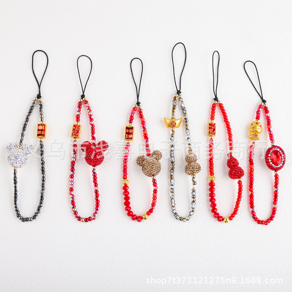 新年款中国风手机链 国潮红色葫芦宝石富婆手机挂链 串珠财神挂饰详情2