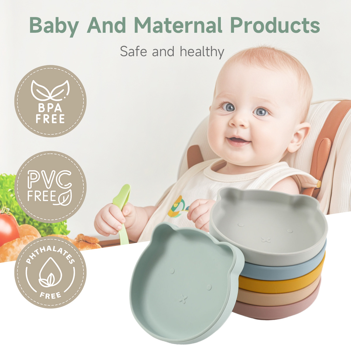 宝宝辅食吸盘碗耐高温防摔儿童喂养餐具食品级硅胶卡通母婴小熊盘详情4