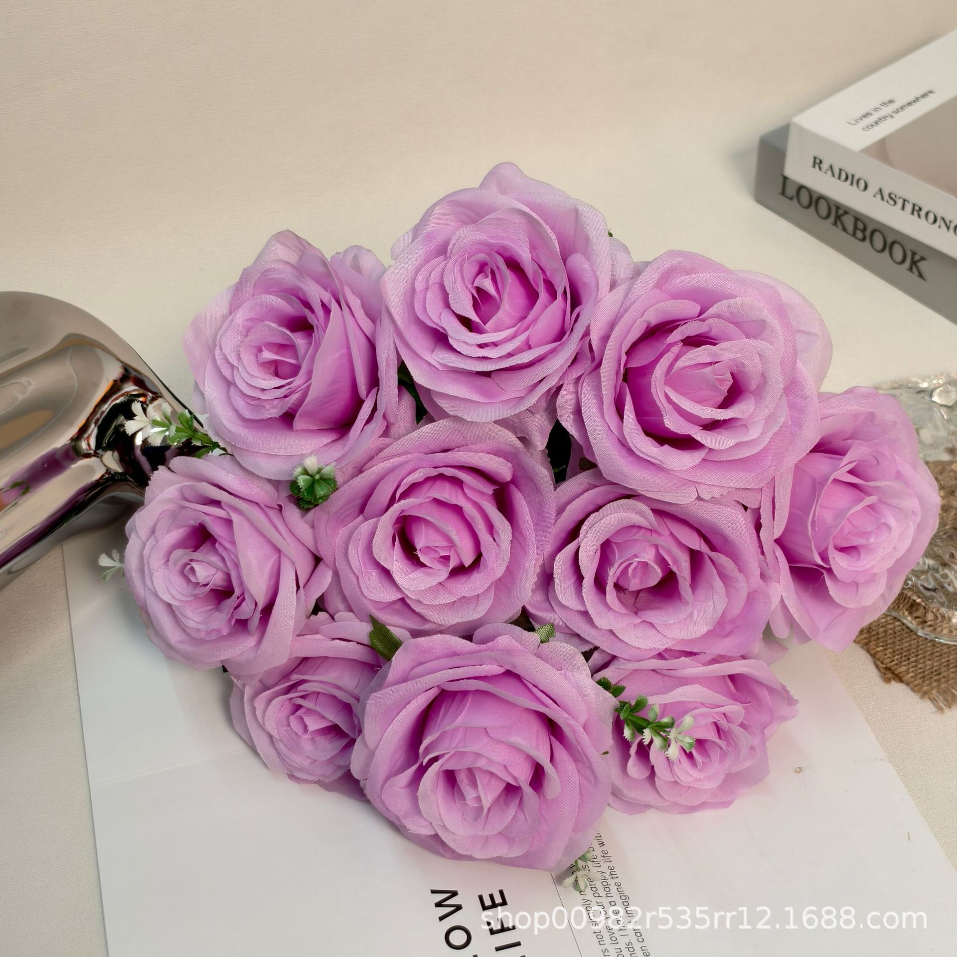 厂家批发10头玫瑰仿真花婚庆婚礼堂装饰玫瑰花假花外贸跨境西洋玫详情11