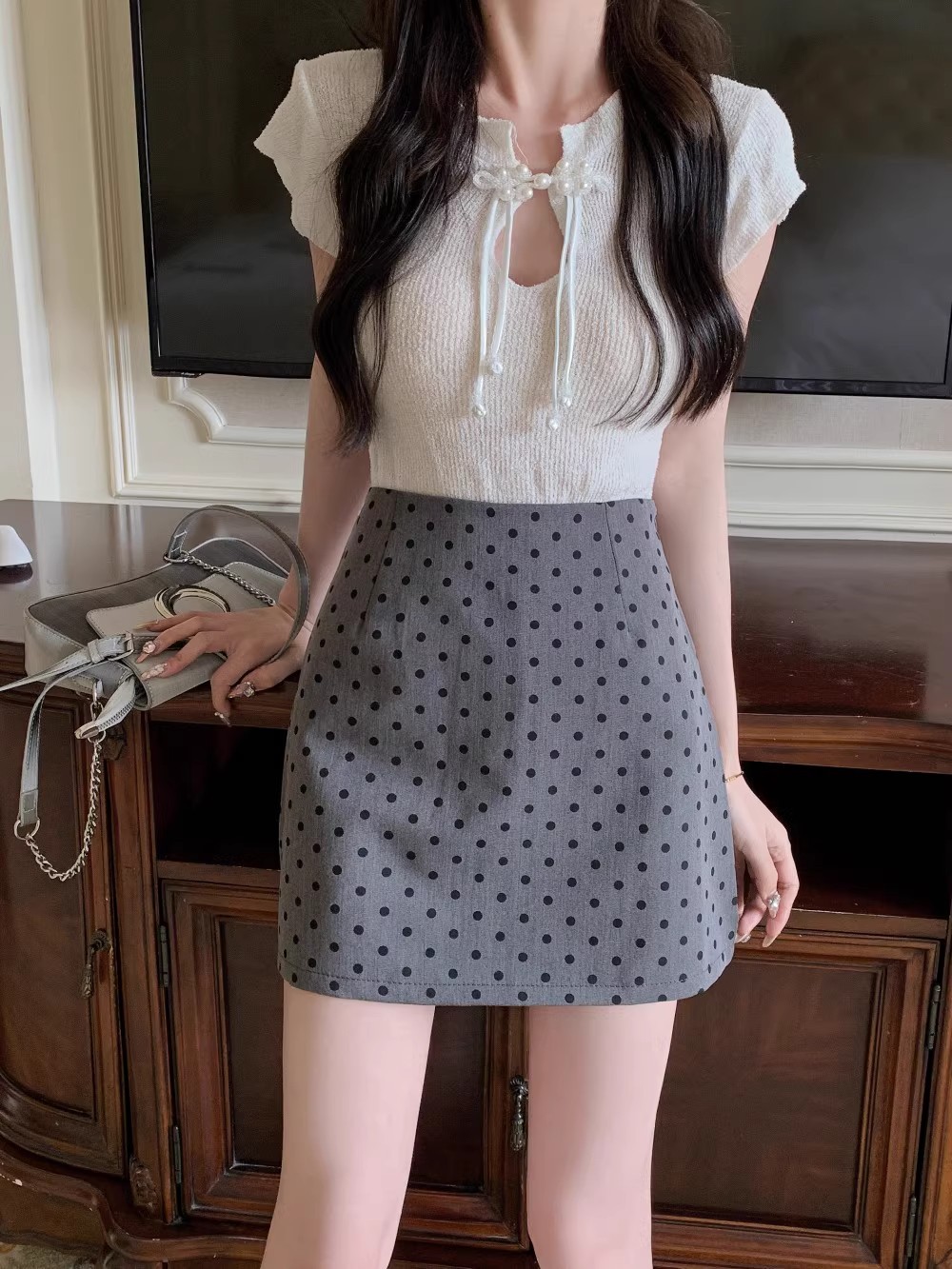东大门女装2024春款波点半身裙女通勤百搭高腰包臀裙a字西装短裙详情21