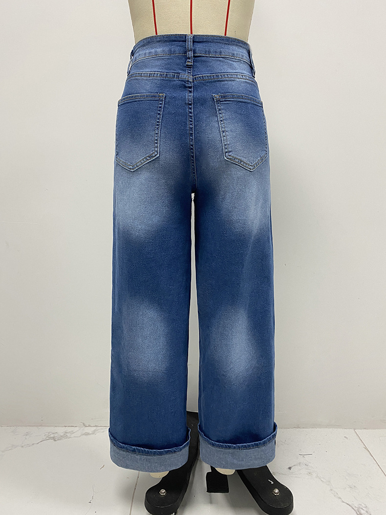 Spring 2025 new cross-border fashion high-waisted, rolled-up straight-leg jeans for women and casual wide-leg pants from Europe and America pic 7