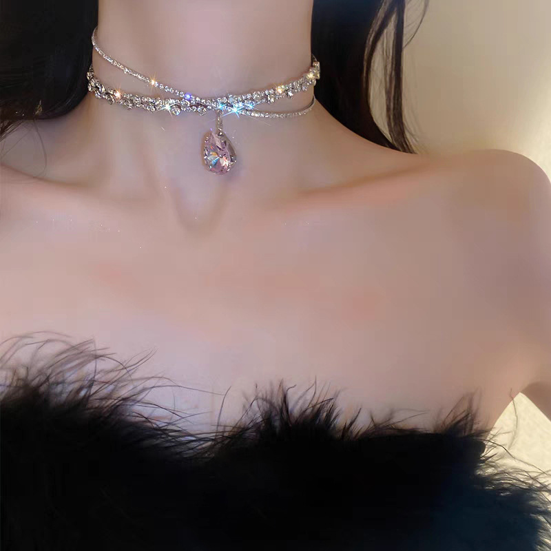 Zircon water drop hairband, large gemstone hairband, headwear, collar, neckband, rhinestone slimming, cross collarbone chain necklace pic 8