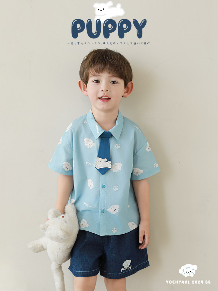 男童夏日潮玩时尚两件套印染短袖衬衫短裤薄款帅气2025新款套装详情1