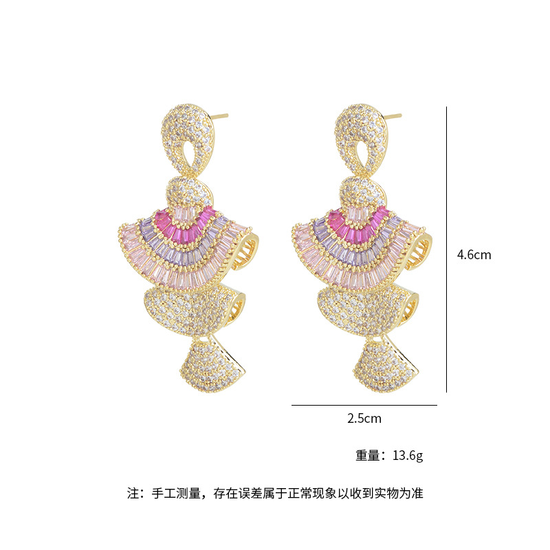 欧美重工彩色锆石小裙子耳饰S925银针耳坠立体渐变粉色扇形耳环详情21