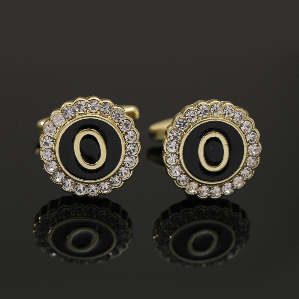 大写字母袖扣圆形镶钻袖钉合金滴油男士衬衫扣26英文字母A-Z配饰详情29