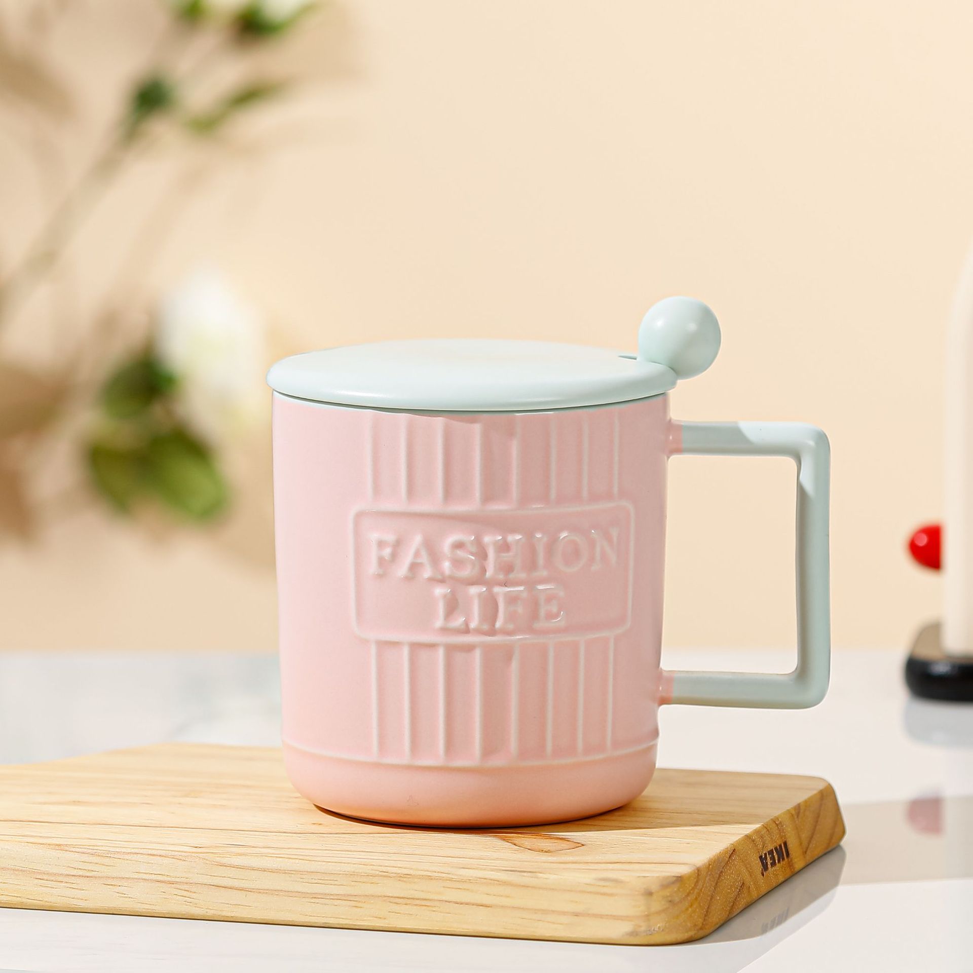 浮雕条纹陶瓷杯马卡龙撞色马克杯高颜值少女心情侣杯活动伴手礼