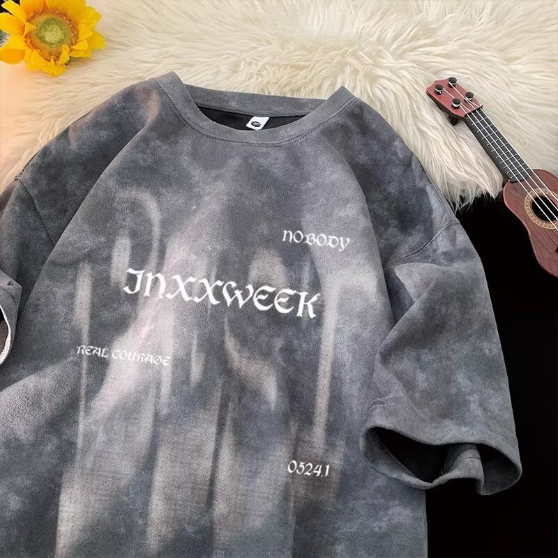 Summer trendy brand American heavy-duty pure cotton short-sleeved T-shirt for men, loose large-sized half-sleeved washed distressed T-shirt base layer pic 7