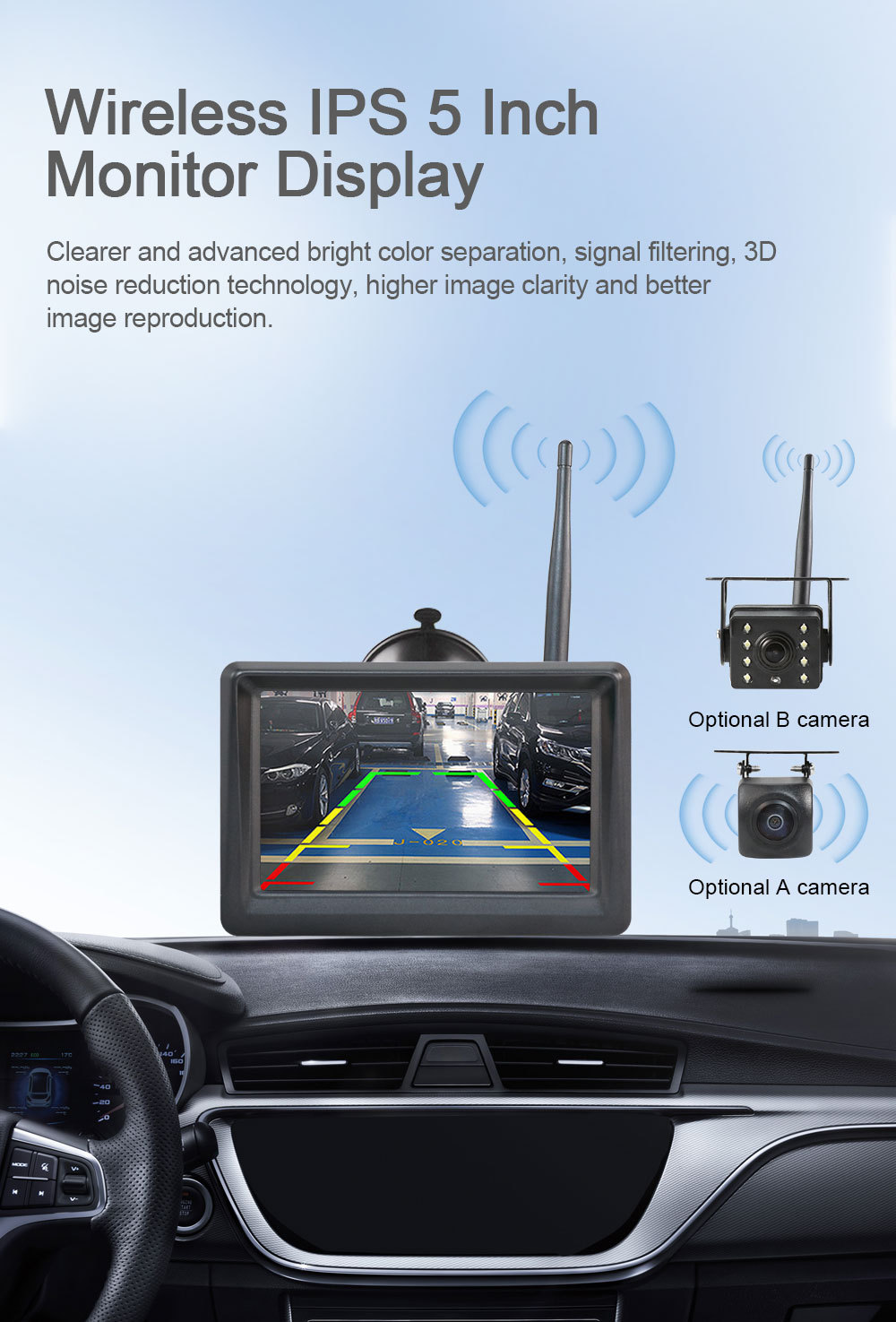 The 5-inch universal display screen for small cars is equipped with a built-in digital wireless high-definition 150° rearview reversing camera image system pic 1