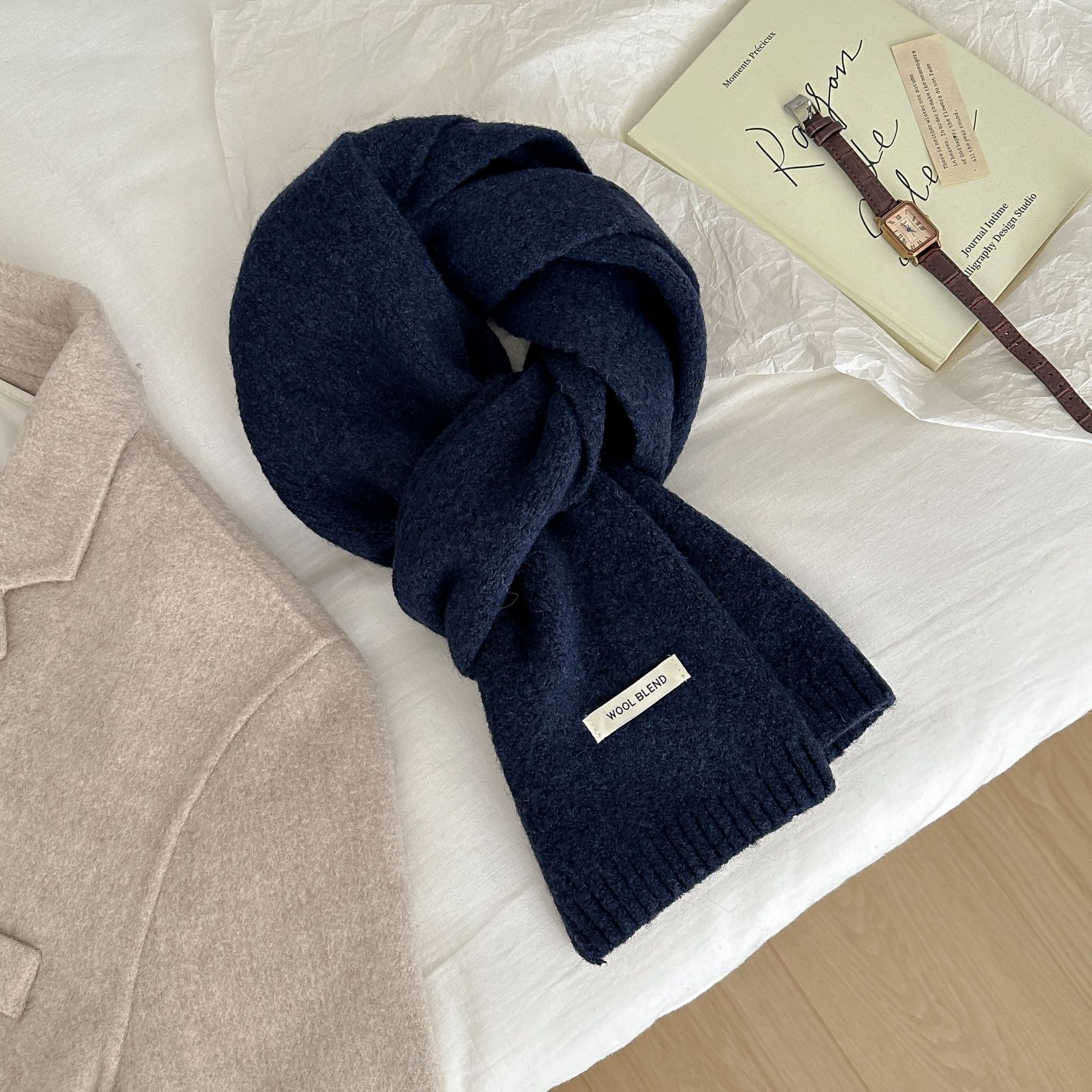 Solid-color wool blend scarf for women, autumn and winter, knitted woolen, warm, Korean-style, versatile, fashionable, fresh and sweet neck pic 37