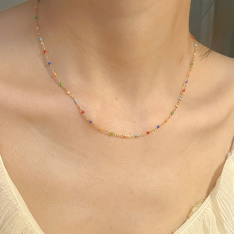 复古小众高级感滴油彩色豆豆项链百搭钛钢甜美链锁骨链配饰品详情2