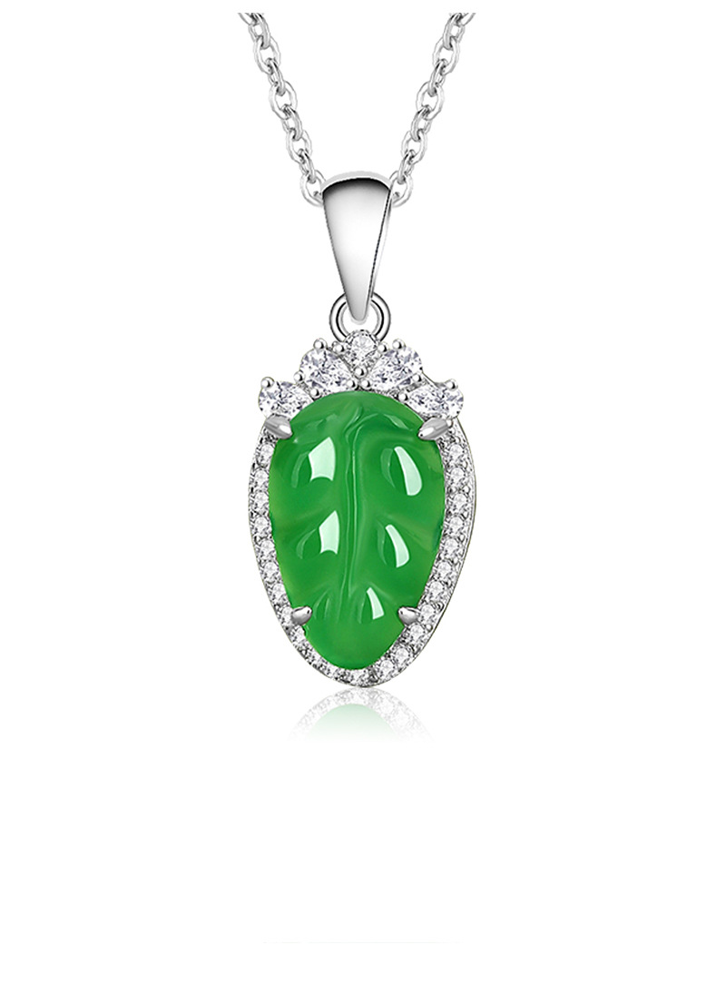 S925银跨境热销新品大树叶天然玉石绿玉髓微镶钻国风项链吊坠详情14
