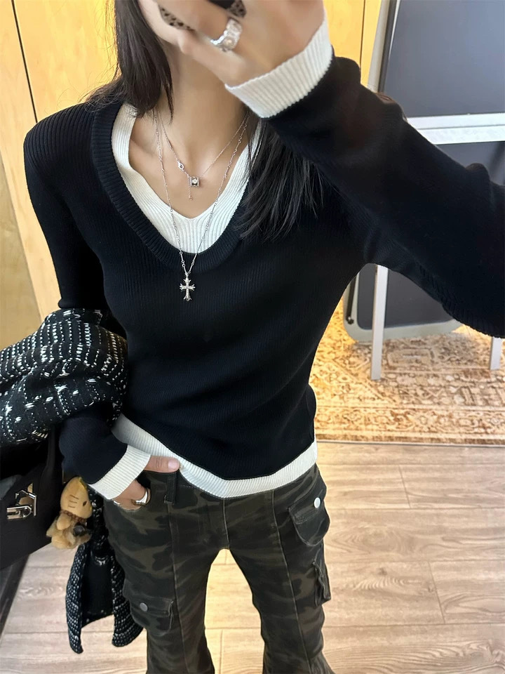 KANING假两件v领针织打底衫女秋季新款高级感内搭毛衣修身上衣潮详情3