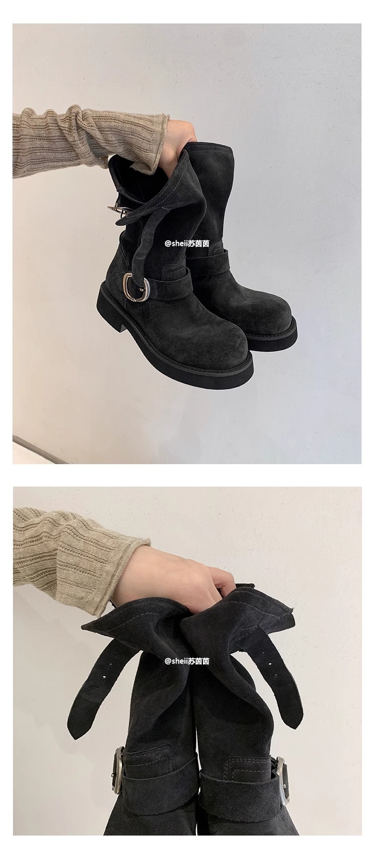 sheii苏茵茵同款！沙丘~超软糯厚底机车扣带短靴女马丁靴堆堆靴详情10