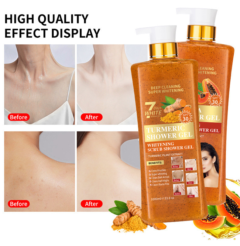 Foreign trade WWP Papaya Scrub Body Wash with Long-lasting Fragrance, Large Bottle Exfoliating Cross-border Turmeric Body Wash 1000ml pic 8