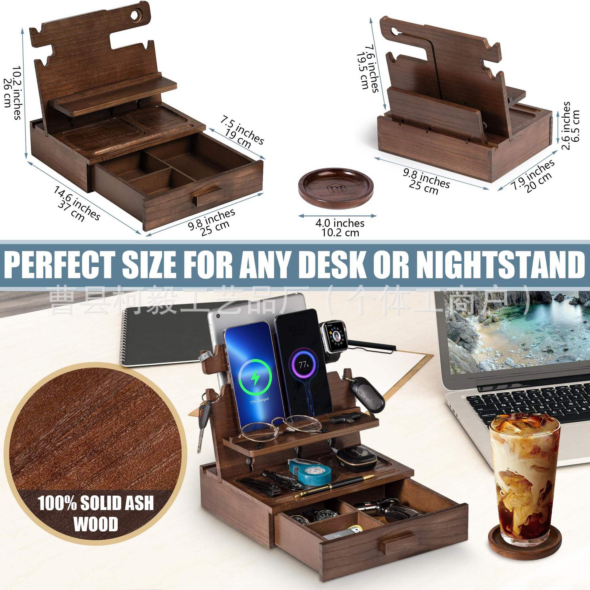 Wooden phone stand with drawer, desk watch, keychain, wallet stand, solid wood phone charging stand pic 10