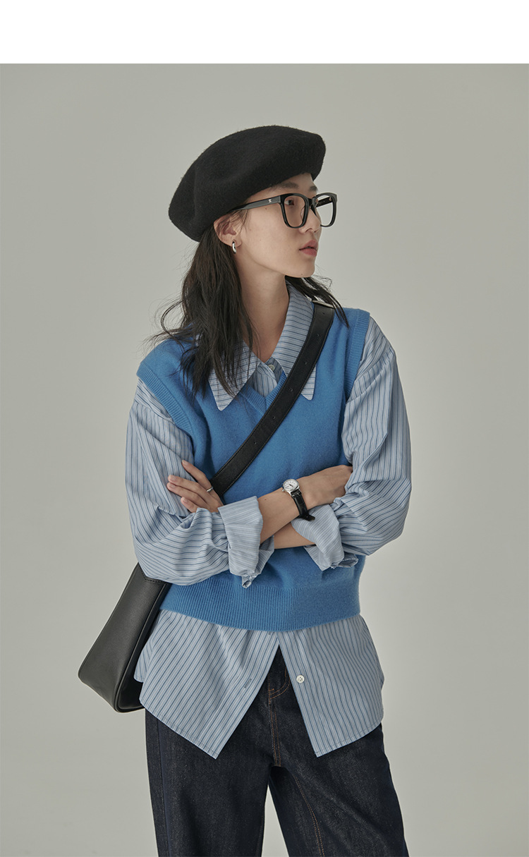 春秋季新款复古港风蓝色条纹衬衫女宽松显瘦通勤叠穿设计感衬衣潮详情13