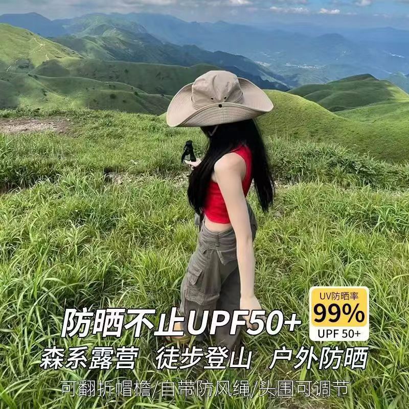 防晒太阳帽户外钓鱼登山帽西部牛仔帽女抽绳渔夫帽男大檐夏季度假 pic 2