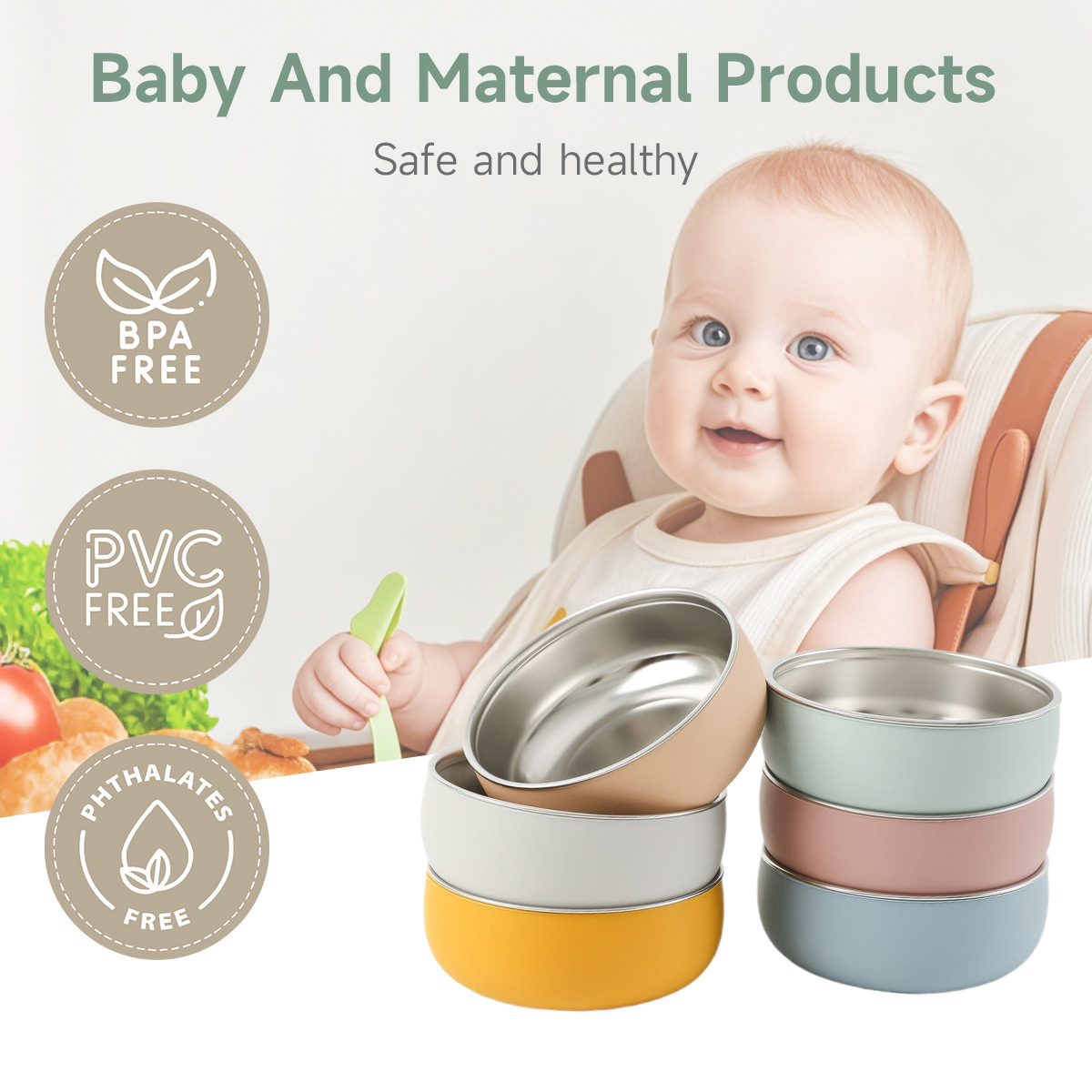 跨境新品宝宝不锈钢硅胶碗 食品级304防滑隔热儿童喂养不锈钢饭碗详情2