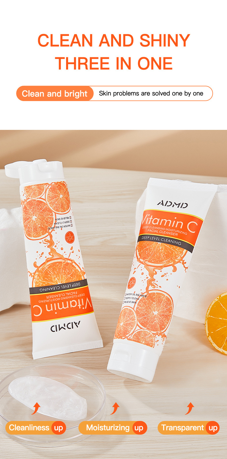 【外贸专供】ADMD维生素C深层清洁保湿洗面奶清爽控油洁面批发详情9